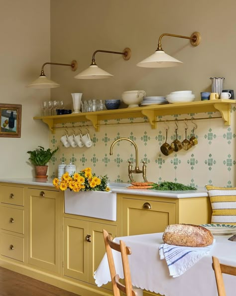 Sudbury Yellow, Yellow Kitchen Cabinets, Devol Kitchens, Yellow Kitchen, Cottage Kitchen, English Cottage, Kitchen Tiles, Kitchen Inspo, Interior Design Studio