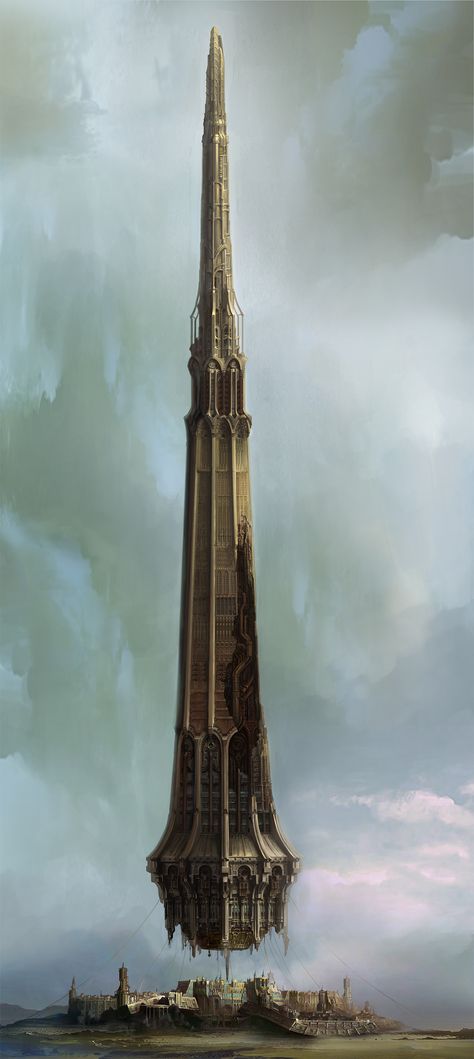 A huge tower floating over the city. The original use was a space colony It became the present after the collision. Copyright by Inuca Interactive Corp. Space Colony, Rocket Engine, Creation Art, Location Inspiration, Fantasy City, Fantasy Castle, Fantasy Setting, Fantasy Places, Art Et Illustration