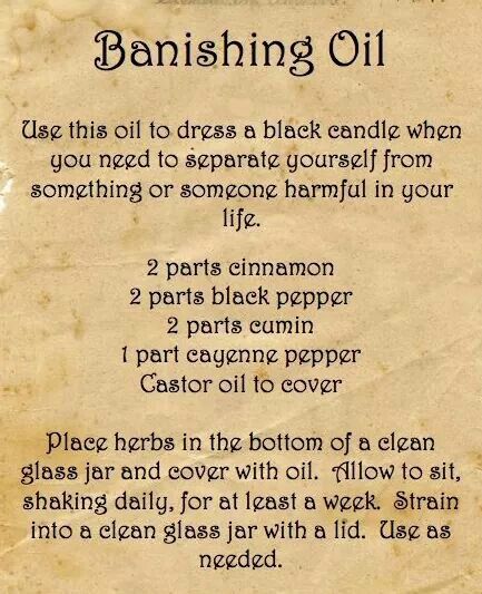 Banishing Oil, Magick Oil, Hoodoo Oils, Wicca Recipes, Candle Magic Spells, Banishing Spell, Hoodoo Spells, Witchcraft Spells For Beginners, Magickal Herbs