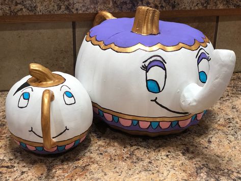 Miss Pots Beauty And The Beast, Mrs Potts Pumpkin Painting, Mrs Potts Pumpkin, Teapot Pumpkin, Chip And Mrs Potts, Kids Pumpkin Carving, Cute Painted Pumpkin Ideas, Pumpkin Creations, Snoopy Pumpkin