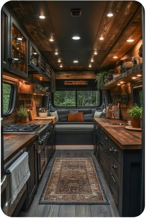 Camper Van Dark Interior, Dark Rv Interior, Dark Camper Interior, Small Camper Interior, Rv Interior Design, Motorhome Remodel, Horse Trailer Living Quarters, Small Camper, Adventure Van