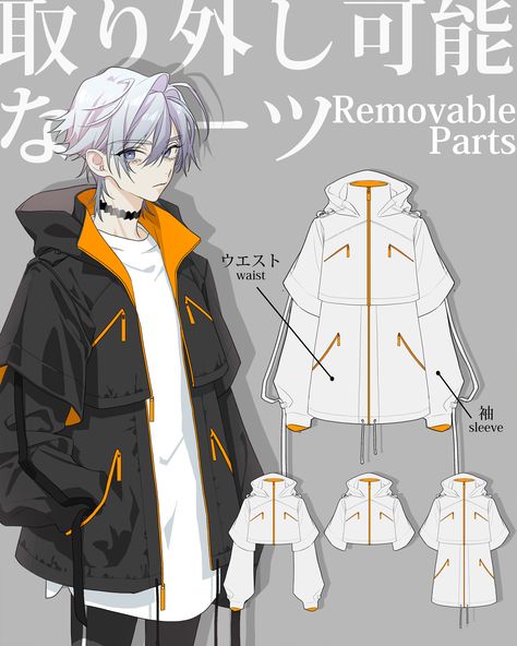 Cyberpunk Outfit Art Anime, Anime Coats Design, Techwear Design Drawing, Outfit Ideas Futuristic, Cyberpunk Jacket Design, Futuristic Outfit Design, Futuristic Clothes Drawing, Cyberpunk Jacket Concept Art, Anime Jacket Design