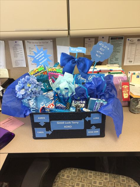 Made this good luck/good bye basket for a co-worker Good Bye Baskets For Coworkers, Co Worker Leaving Gift Ideas, Good Luck Gifts For Boyfriend, Blue Themed Gift Baskets, Blue Gift Basket, Coworker Leaving Gift, Goodbye Gifts For Coworkers, Blue Baskets, Goodbye Gifts