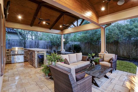 Vaulted ceiling adds height to the patio cover, allows for a gabled opening and is finished off with stained tongue and groove with exposed beams that are stained darker to make it pop. Back Patio Entertainment Area, Party Pavillion, Backyard Refresh, Pavilion Ideas, Small Outdoor Kitchens, Covered Patio Design, Patio Remodel, Outdoor Living Space Design, Outdoor Covered Patio