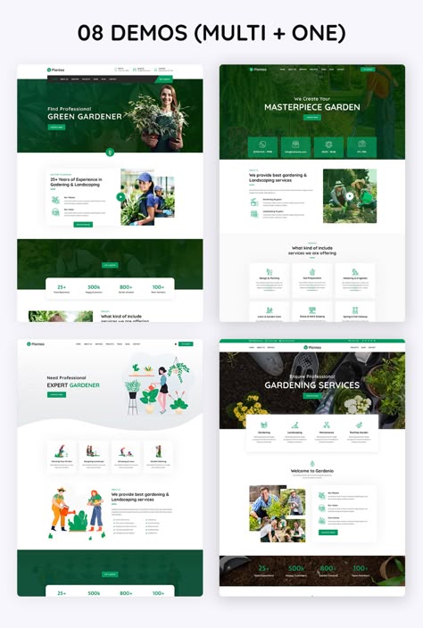 Planteo - Gardening and Landscaping WordPress Theme by rs-theme | ThemeForest Web Page Design Ideas, Google Sites Ideas, Green And White Website Design, Green Website Design, Green Website, Sustainability Website Design Inspiration, Plant Website Design, Landscaping Website Design, Gardening Website