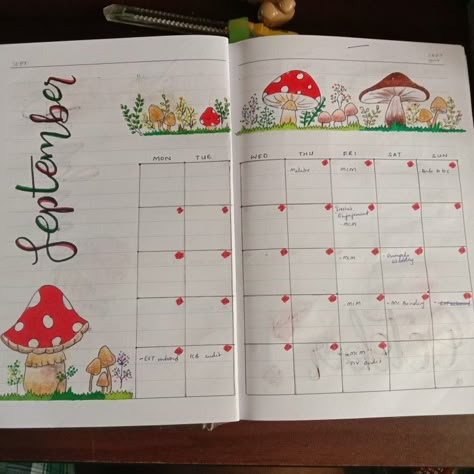 Mushroom Bullet Journal Theme, Bullet Journal Mushroom Theme, Mushroom Bullet Journal, Mushroom Calendar, September Spread, Mushroom Theme, 2024 Bujo, Bullet Journal September, Boulet Journal