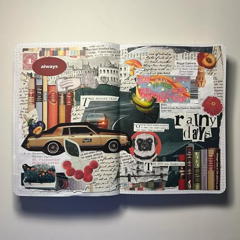 📚🍒🚖🌧️🍌🐈 #junkjournal #junkjournaling #collage Journal Collage Ideas, Collaging Ideas, Collage Journal Ideas, Diy Journal Ideas, Ideas De Collage, Collages Ideas, Collages Aesthetic, Collage Sketchbook, Collage Notebook