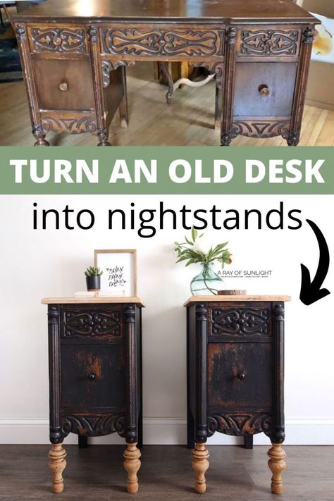 Not sure what to do with an old desk? How about repurposing them! This step by step guide shows you exactly how to do this furniture makeover, so you don't have to waste time or get frustrated! Learn how to take a desk apart, how to make new tops from the old top, and paint nightstands with black milk paint. Make your own DIY black night stands today! #paintednightstands #furnituremakeover #upcycleddesk #arayofsunlight Diy Furniture Makeover Projects, Repurposed Desk, Furniture Painting Tutorial, Nightstand Makeover, Painted Night Stands, Diy Nightstand, Old Desks, Black Night, Diy Furniture Renovation