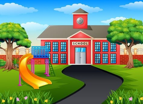 Scene with school building and playgroun... | Premium Vector #Freepik #vector #school-gate #school-building #university-building #school-cartoon Picture Of School Cartoon, School Images Pictures, School Drawing Building, School Cartoon Images, Cartoon Playground, School Ground, School Outside, School Gate, University Building