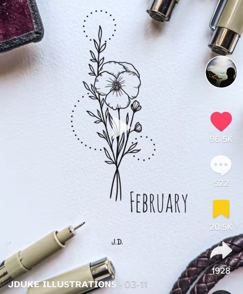 February And April Birth Flower Tattoo, February Birthday Tattoo, Violet Tattoo Flower Birth Month, Birthflower February Tattoo, Birth Flower February Tattoo, Month Flower Bouquet Tattoo, Feb Birth Flower Tattoo, Feb Birth Flower, February Tattoo Ideas