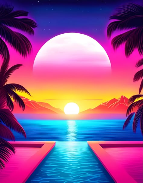 A neon ocean sunset in neon vaporwave synthwave style Neon Art Wallpaper, Vaporwave Party, Miami Neon, Vaporwave Sunset, Neon Vaporwave, Room Ideas For Men, Synthwave Aesthetic, Neon Sunset, Tropical Neon