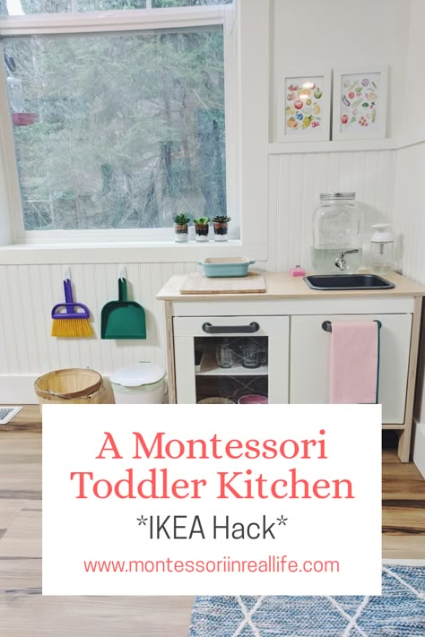 An IKEA hack to create a function, Montessori kitchen with water supply for a toddler Montessori Kitchen Setup, Montessori Ikea Kitchen Hack, Duktig Kitchen Hack Montessori, Ikea Play Kitchen Hack Functional, Ikea Kitchen Toddler, Montessori Kitchen Ikea, Ikea Kitchen Montessori, Montesorri Kitchen, Ikea Play Kitchen Hack Montessori