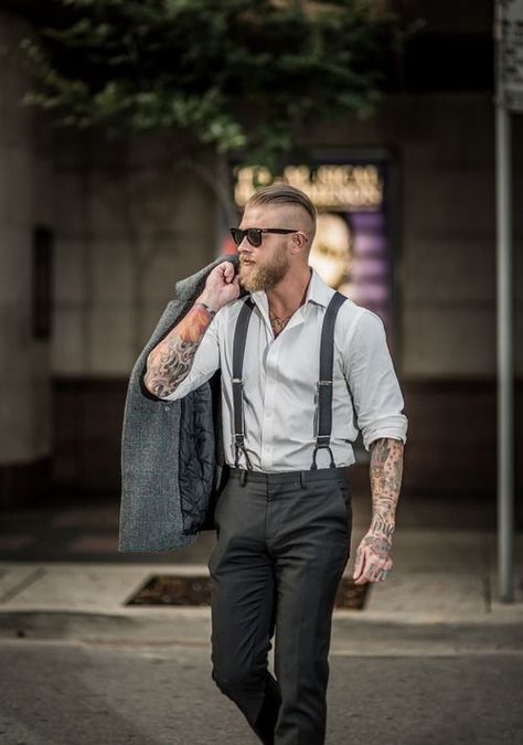 bearded style Suit With Braces, Tattoo Men In Suits, Men With Tattoos In Suits, Men In Suits With Tattoos, Suit Tattoo Men, Tattooed Men In Suits, Bearded Men Fashion, Men In Suspenders, Look Gatsby