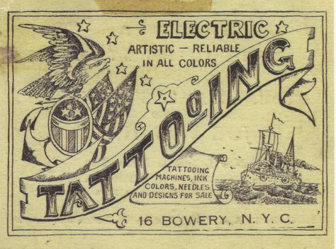 Tattoo artist's shop advertising Tattoo Advertising, Vintage Nautical Tattoo, Tattoo Branding, Tattoo Cards, Tattooing Machines, Antique Tattoo, Tattoo Museum, Meg 2, Vintage Tattoo Art