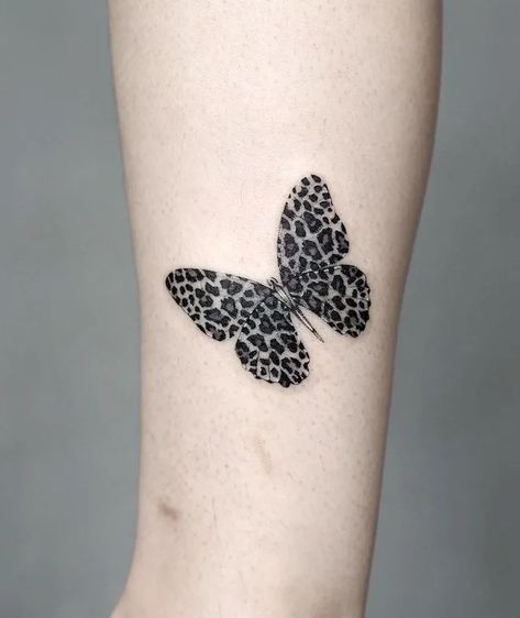 Cover Up A Butterfly Tattoo, Leopard Shoulder Tattoos For Women, Butterfly Leopard Tattoo, Leopard Print Butterfly Tattoo, Cheetah Print Butterfly Tattoo, Cheetah Butterfly Tattoo, Dot Work Butterfly Tattoo, Checkered Tattoo Ideas, Small Leopard Tattoo For Women