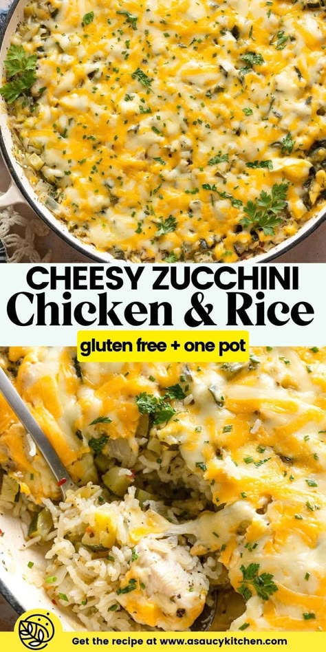 Prepped all in one pot with simple ingredients - this cheesy zucchini chicken and rice dish makes for a delicious and satisfying dinner to enjoy on busy weeknights. Even picky eaters will be reaching for seconds in no time! Cheesy Zucchini Chicken And Rice Bake, Dinner With Zucchini And Chicken, Zucchini Chicken Recipes Healthy, Chicken Rice Squash Recipes, Crockpot Chicken And Zucchini, Chicken Zucchini Spinach Recipes, Chicken With Rice And Vegetables, Zucchini And Chicken Recipes Casseroles, Zucchini With Chicken Recipes