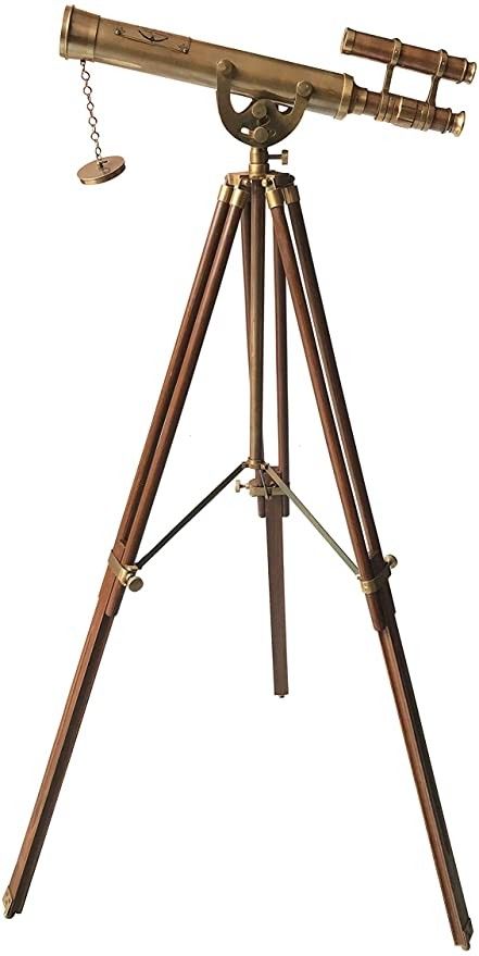 Tube Length: 18" Inches , Height: 43" inches tall , Ground Diameter: 22" Inches Material Used: Brass & wood, Color: Antique Copper Finish Beautiful craftsmanship can be seen in its crafting and this telescopes will give you 15 X magnification, Portable small tripod is very very beautiful for your loved ones and will give authentic classical look to the place where installed. Telescope Decor, Navy Decor, Vintage Home Office, Antique Flooring, Home Office Table, Double Barrel, Brass Wood, Brass Antique, Telescopes