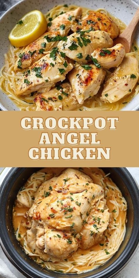 This Creamy Crockpot Angel Chicken Recipe is your go-to comfort food! 🍝🍗 Tender chicken in a rich, creamy sauce served over angel hair pasta will make your taste buds sing. Perfect for busy weeknights or cozy family dinners, it’s a slow cooker favorite! Pair with garlic bread for a complete meal. 🧄🥖 #CrockpotRecipes #AngelChicken #ComfortFood #ChickenDinner #SlowCookerMeals 🍗 Crock Pot Apps, Chicken Tenders Crockpot, Angel Chicken Recipe, Dump And Go Crockpot Dinners, Garlic Chicken Crockpot, Chicken Breast Recipes Slow Cooker, Dump And Go Crockpot, Crockpot Dinner Ideas, Angel Chicken