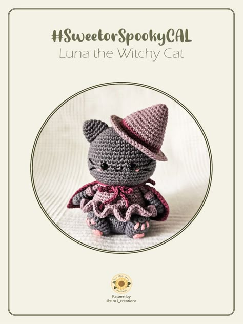 EMI - Halloween Sweet or Spooky CAL - Witchy Cat | PDF | Crochet | Embroidery Cat Embroidery Pattern Free, Spooky Crochet Patterns Free, Cat Head Crochet, Witchy Crochet, Spooky Crochet, Amigurumi Fox Pattern, Witchy Cat, Magic Cat, Crochet Halloween