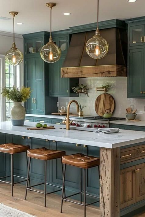 Green And Copper Kitchen, Dark Green Kitchen Cabinets, Teal Kitchen Cabinets, Modern Farmhouse Kitchen Island, Green Kitchen Ideas, Blue Green Kitchen, Green Kitchens, Green Kitchen Island, Green Kitchen Designs