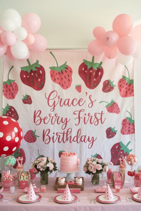 Berry First 1st Birthday Party 1st Birthday Themes Girl, Birthday Strawberry Shortcake, Birthday Ideas Themes, Pink Dinosaur Party, Girly Party Ideas, Party Ideas Games, First Birthday Theme, Girly Party, Berry First Birthday