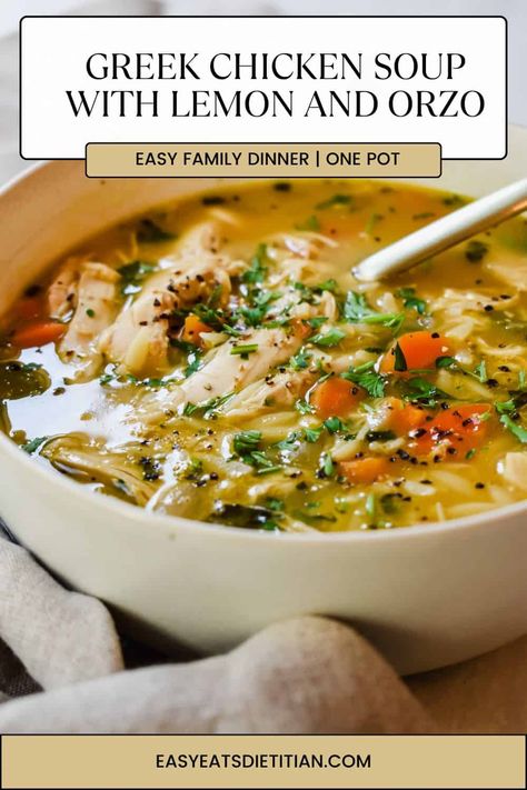 This Greek chicken soup with lemon and orzo is so warm, comforting and flavorful! It's made in one pot in under 30 minutes and it's so perfect for the cooler weather in the fall and winter months! This recipe makes for the perfect weeknight dinner and your whole family will be sure to love it! #fallrecipes #winterrecipes #falldinner #soup #soupseason #easydinner #easydinnerideas #soups #greek #chickenlemonsoup Affordable Soup Recipes, Crockpot Soup Recipes Fall, Orzo Crockpot Soup, Greek Lemon Chicken Stew, Recovery Soup Recipes, Chicken Noodle Orzo Soup, Easy Weeknight Soup Recipes, Easy Orzo Soup, Chicken And Orzo Soup Recipes