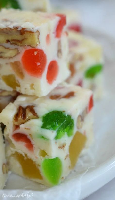 This colorful and festive Christmas treat is delicious and beautiful.  Candied fruit, pecans and rum flavor make this Fruitcake White Chocolate Fudge Recipe extra special.  It is super easy to make too!  No thermometer needed. Best Christmas Fudge, Christmas Fudge Recipes, Christmas Fudge Recipes Easy, Easy Microwave Fudge, White Chocolate Fudge Recipes, Christmas Ice Cream Cake, Gingerbread Fudge, Chocolate Fudge Recipe, Peppermint Cake