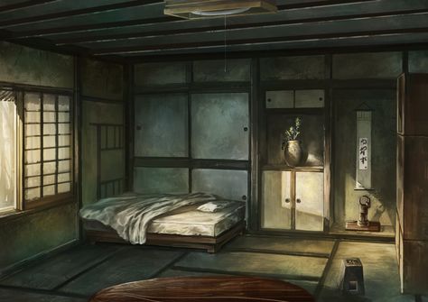 an old japanese private house by akamidoriao Japanese Abandoned House, Old Traditional Japanese House, Old Japanese Bedroom, Old Japanese House Interior, Manga Buildings, Ominous Landscape, Japanese House Art, Anime Village, Japanese House Interior