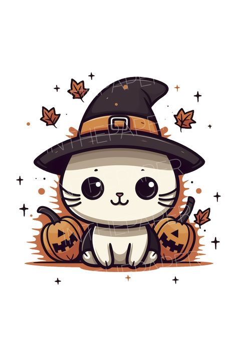 "Experience the enchantment of Halloween with this adorable clipart illustration featuring a cute kitten wearing a witch hat, seated next to a Halloween pumpkin. Unisex, Tee, Print, Wall Art, Poster, Card, Baby One Piece, Kid T-Shirt, Toddler Hoodi, Sweat, Skirt, Dress, Leggings, Hat, Socks, Bag, Home Deco, Clock, Acrylic Block, Bedding, Pillow, Curtain, Cup, Bottle, Tumblr, Coaster, Pet Bowl, Dog, Cat, Bandana, Notebook, Sticker, Magnet, Phone Case Cat Wearing Witch Hat, Halloween Sketches, Cat Witch Hat, Cottage Cat, One Piece Kid, Halloween Borders, Sticker Phone Case, Cats Art Drawing, Easy Draw