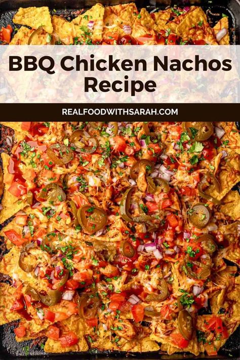 These BBQ Chicken Nachos are layered with crispy tortilla chips, gooey cheese, shredded BBQ chicken, and the best nacho toppings all baked on a large baking sheet. Perfect for football season, easy dinners, or the ultimate party appetizer. Have these nachos ready in just 25 minutes! Bbq Nachos Recipe, Nacho Recipes, Bbq Nachos, Bbq Chicken Nachos, Seasoning Chicken, Tomato Snacks, Chicken Nachos Recipe, Nacho Toppings, Shredded Bbq Chicken