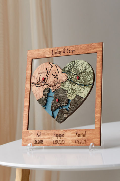 Personalize each piece with 'Where We Met', 'Where It All Began', and 'Where He Proposed'. This puzzle map is an exquisite first anniversary or engagement gift, encapsulating the significant places that hold deep meaning in your journey together. Unveil the romance of your shared history and celebrate the love that binds these three cherished locations. Map Where We Met, Where We Met Map Diy, Where It All Began Map, Wooden Travel Map, Map Anniversary Gift, Car Guy Gifts, Map Wall Decor, Wood Map, Map Decor