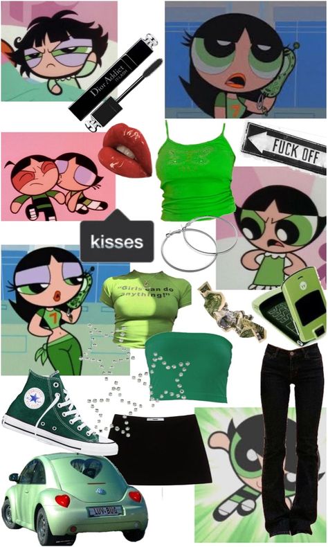 Diy Buttercup Costume Powerpuff, Green Powerpuff Girl Costume, Buttercup Powerpuff Outfit Ideas, Buttercup Costume Ideas, Powerpuff Girls Costume Adult, Buttercup Outfit Ideas, Buttercup Powerpuff Girls Outfit, Power Puff Girls Costume Halloween, Powerpuff Girls Costume Ideas