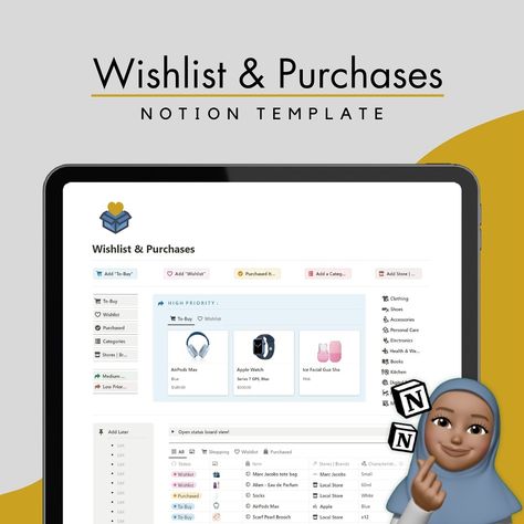 Wishlist & Purchases Notion Template. ➜ Be more organized with your purchases and keep track of items you need to purchase. ➜ Prioritize essential over non-essential items based on importance. ➜ Prevent overlooking items and track the status of each item on your list, whether it’s been purchased, on your wishlist, or needs to be bought. . . —————————————————————————— 🎀 Comment "Wishlist " and I’ll DM you the link to get the template. . #notion #notiontemplate #wishlist #wishlistnotiontemp... Notion Wishlist, Template Notes, Wishlist Template, Be More Organized, Template Notion, Digital Organization, Recipe Template, Personal Organization, Dashboard Template