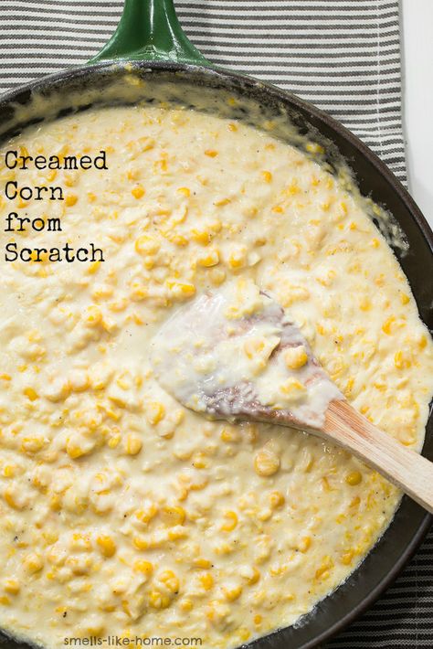 Creamed Corn from Scratch | smells-like-home.com Recipe With Heavy Cream, Cream Corn Recipe, Southern Thanksgiving Recipes, Homemade Cream Corn, Gluten Free Comfort Food, Corn Side Dish, Creamed Corn Recipes, Cream Corn, Corn Dishes