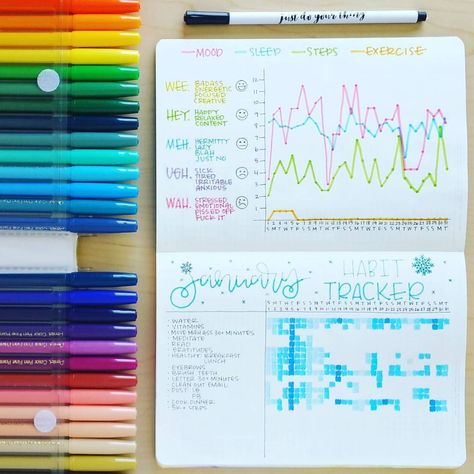 bullet journal spread idea | mood tracker | exercise tracker | sleep log tracker | tracker line graph | habit tracker | water tracker Woman Rising, Exercise Tracker, Bullet Journal Tracker, Bullet Journal Mood, Health Journal, Dot Journals, Bujo Inspiration, Bullet Journal Spread, Bullet Journal Layout