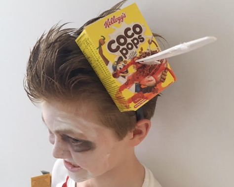 DIY 'Cereal Killer' Halloween Costume - Paging Fun Mums Cereal Makeup, Cereal Killers Costume, Cereal Killer Makeup, Diy Cereal Costume, Cereal Costume Ideas, Diy Cereal Killer Costume, Cereal Killer Halloween Costume, Cereal Killer Costume, Cereal Killer Halloween