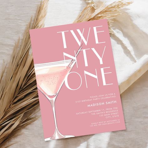 Modern 21st birthday invitation featuring elegant chic typography and minimalist design in pink color Birthday Dinner Invitation Pink, Cocktail Birthday Party Invitation, Zazzle Birthday Invitations, Creative Party Invitations, Birthday Invitations 18th Design, Birthday Invite Pink, Pink Party Invites, 27th Birthday Invitations, Pink And Black Invitations