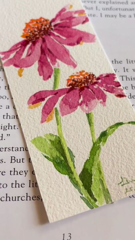 Cards Painting Ideas, Simple Watercolor Bookmarks, Diy Flower Card, Watercolour Inspiration Beginner, Flowers In Books, Bookmarks Handmade Watercolor, Diy Bookmarks Watercolor, Ink And Wash Watercolors, Easy Watercolor Bookmarks