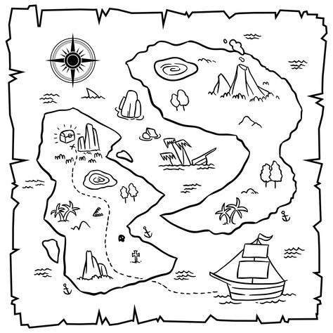 Pirate Treasure Map Drawing, Pirate Treasure Map Printable, Treasure Map Coloring Page, Printable Treasure Map, Easy Treasure Map Drawing, Map Template Free Printable, Pirate Map Drawing, Treasure Map For Kids, Treasure Map Template