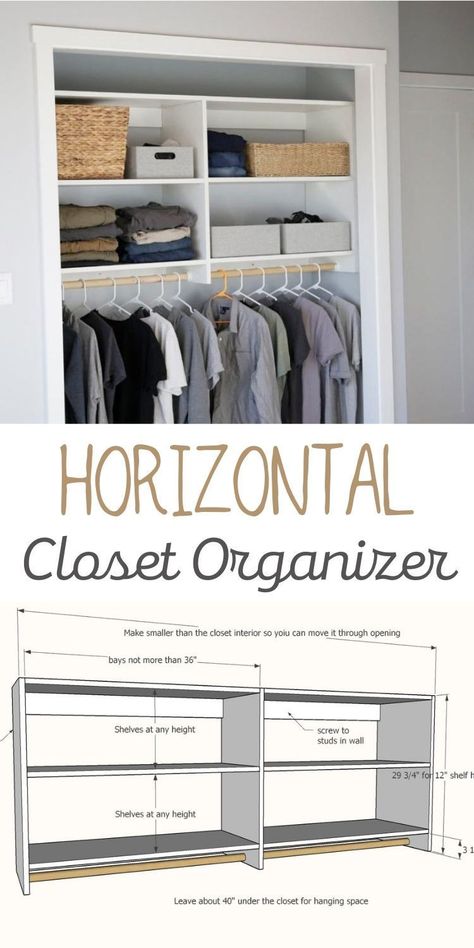 Horizontal Closet Ideas, Horizontal Closet Organization, Horizontal Closet, Bookcase Closet, Diy Closet System, Diy Closet Shelves, Bedroom Closets, Pantry Shelves, Wood Furniture Plans