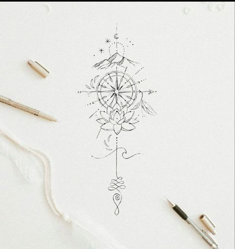 Compass Tattoo Spine, Tattoos With Lotus Flower, Spine Compass Tattoo, Unalome With Compass Tattoo, Spine Tattoos For Women Compass Tat, Paddleboard Tattoo, Feminine Compass Tattoo Design, Compass Tattoo Feminine, Fine Line Tattoos For Women