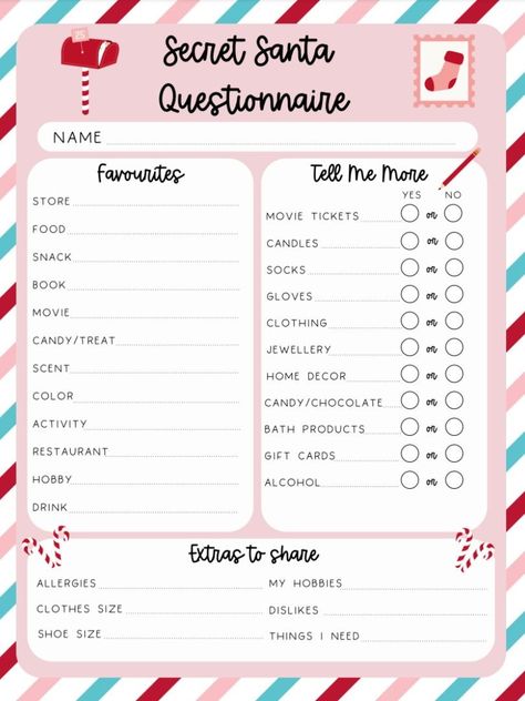 Family Gift Questionnaire, Secret Santa Questionnaire For Adults, Christmas Secret Santa List, Secret Santa Questionnaire For Teens, Secret Santa Questionnaire For Coworkers Free Printable Free, Secret Santa Questionnaire For Coworkers Free Printable, Secret Santa List Template, Secret Santa Questionnaire For Kids, Christmas Secret Santa Ideas