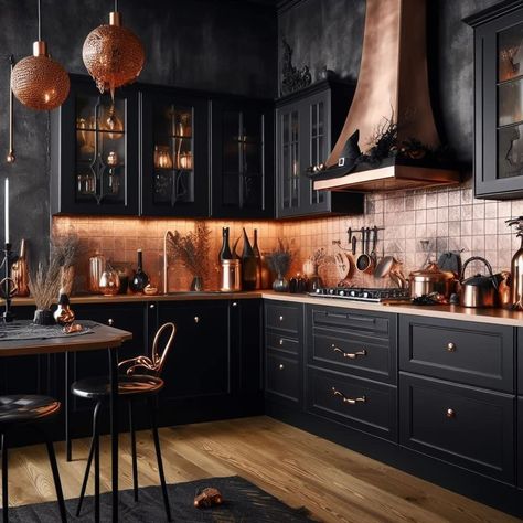 Romantic Kitchen Decor, Small Moody Kitchen Ideas, Classy Black Kitchen, Witchcore Kitchen Aesthetic, Kitchen Ideas Moody, Dark Boho Kitchen Ideas, Kitchen Gothic, Moody Maximalist Kitchen, Moody Kitchens