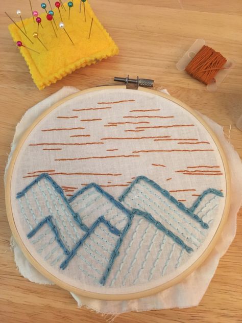 Embroidered Waves Simple, Mountain Embroidery Simple, Embroidery Mountains Simple, Back Stitch Embroidery, Mountain Embroidery, Simple Tree, Easy Animals, Jean Pockets, Seed Stitch