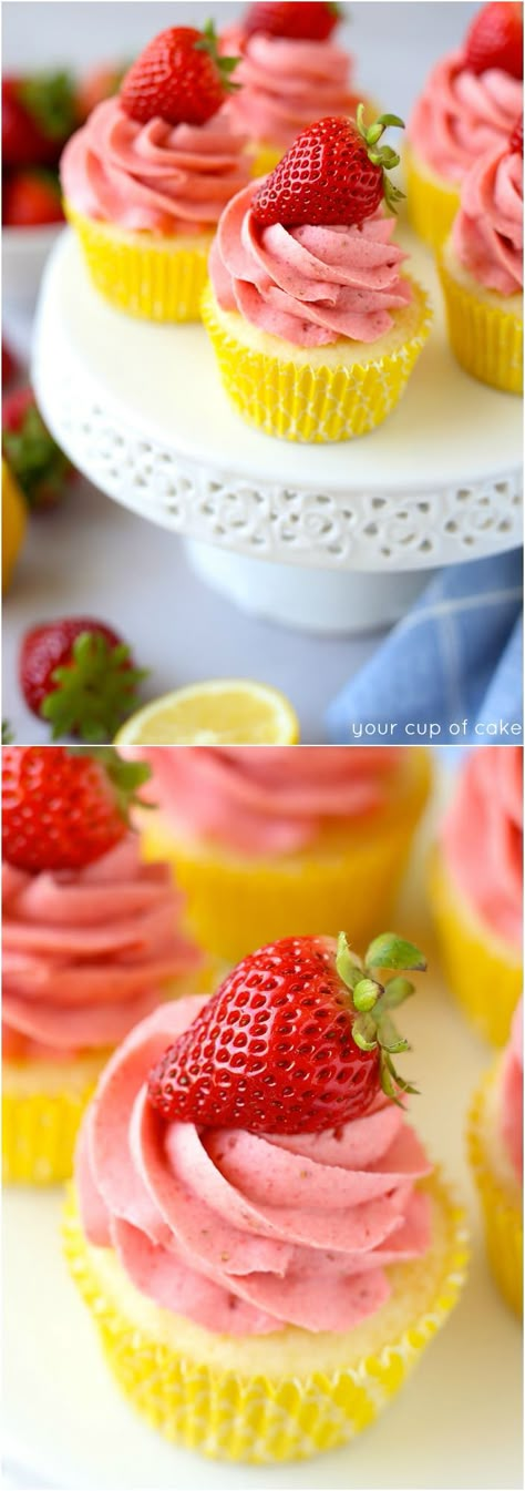 These gorgeous and delicious Strawberry Lemonade Cupcakes just scream summer! They're the perfect treat to bring to any party this season... Decadent Cupcakes, Magic Muffins, Cupcakes With Frosting, Strawberry Lemonade Cupcakes, Strawberry Buttercream Frosting, Lemonade Cupcakes, Recipes Strawberry, Strawberry Buttercream, Strawberry Cupcakes