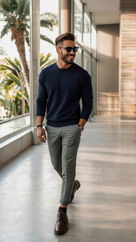 Mens Navy Sweater Outfits, College Bar Fits Men, Smart Casual Shirts For Men, Classic Men Outfit Business Casual, Modern Male Outfits, Smart Casual Men Outfit Jeans, Man Smart Casual Outfit, Mens Modern Business Casual, Winter Smart Casual Men Outfit