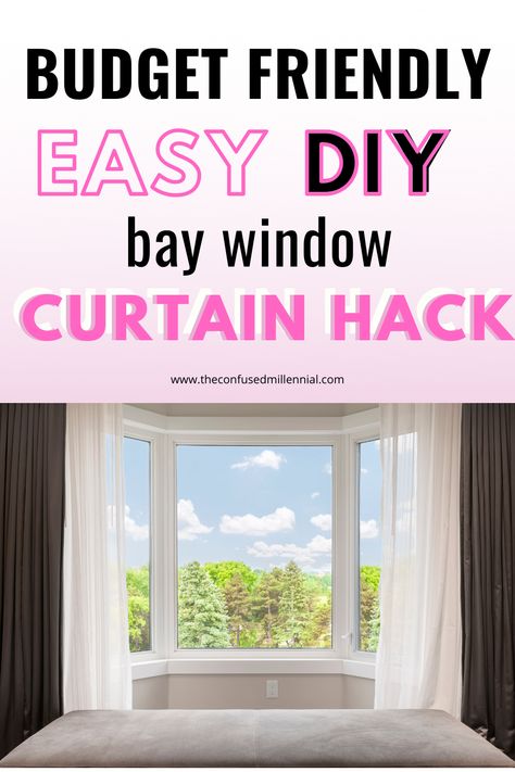 Easy DIY Budget Friendly Bay Window Curtain Hanging Hack, how to make a bay window curtain rod for $10, bay window curtain idea to solve curved rod problem, ideas for the home, home decor hacks, simple way to affordably cover bay window with custom drapes How To Hang Curtains On Bay Windows, Curtains Bay Window Kitchen, Bay Window Rods Diy, Curtains For Bay Window With Bench, Bay Window Seat Curtain Ideas, Bay Window Painting Ideas, Window Covering Bay Window, Kitchen Curtains Bay Window, Drapes Bay Window