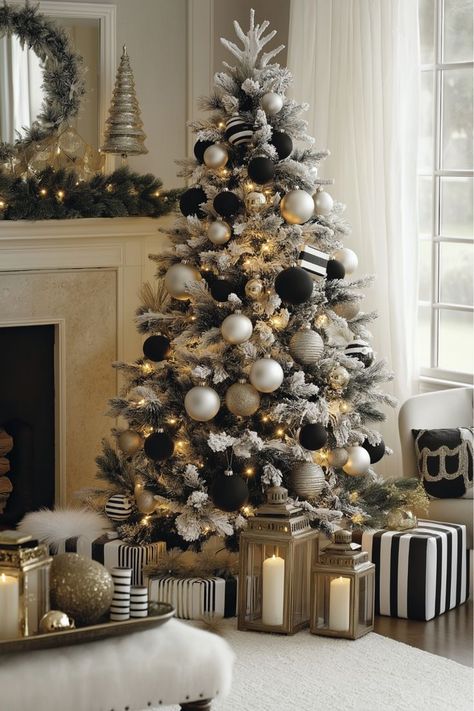 If you love a bold look, try decorating your white Christmas tree with black and striped accents. It’s chic, modern, and perfect for monochrome lovers. How do you feel about this non-traditional holiday color scheme? This tree could be a real showstopper in your home. White Christmas Tree Color Schemes, White Christmas Tree With Red, Christmas Tree Color Schemes, Monochrome Christmas, Black And White Christmas Tree, Christmas Tree Colour Scheme, The Perfect Christmas Tree, Perfect Christmas Tree, Black And White Christmas