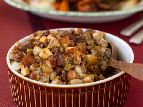 Get Sage, Sausage and Apple Dressing Recipe from Food Network Apple Dressing, Sausage Stuffing Recipe, Sausage Stuffing, Sage Sausage, Thanksgiving Stuffing, Apple Dress, Stuffing Recipes, Thanksgiving Menu, Holiday Cooking