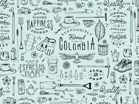 Colombian Pattern Design  by Zachary Kiernan Colombian Pattern, Coffee Shop Branding, Quilt Material, Editorial Illustration, Timeless Treasures, Sewing Fabric, Bbc, White Cotton, Chalk